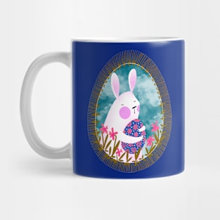 Cute white bunny with floral easter egg decoration on blue sky, version 5 Mug